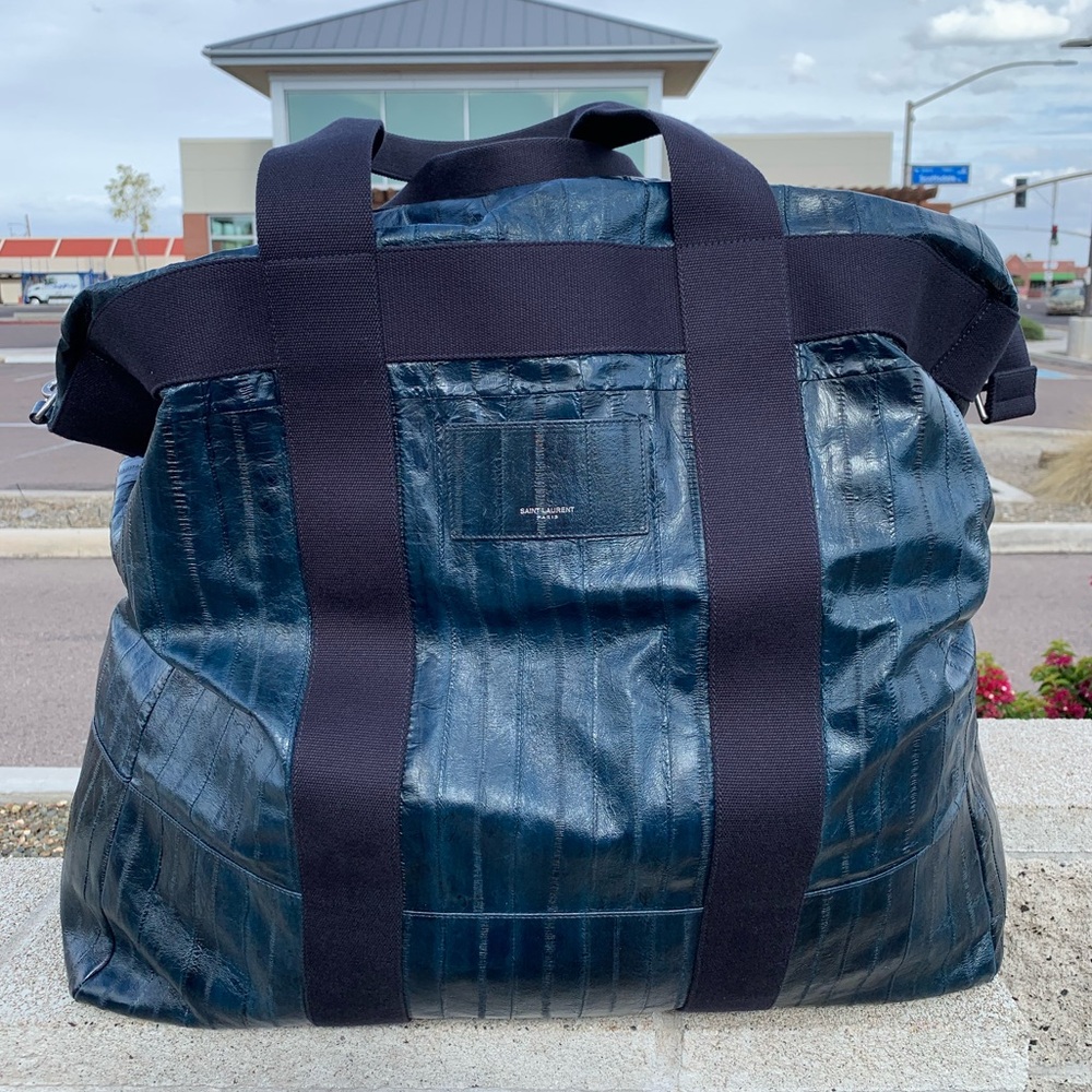 YSL Saint Laurent Blue Eel Skin Large City Tote Travel Bag